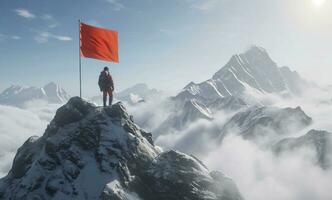 ai generado un persona es en pie en parte superior de un montaña con un rojo bandera foto