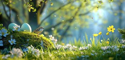 ai generado un Pascua de Resurrección pasto con Pascua de Resurrección huevos, flores y aves foto