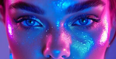 ai generado un foto de el mujer con azul neón luces en su cara