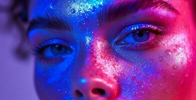 AI generated a photo of the woman with blue neon lights on her face