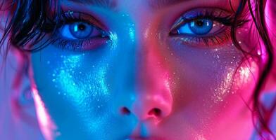 AI generated a woman with eyes and ear lobes in neon colors photo