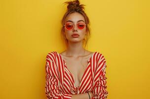 AI generated a young woman in red and white stripe dress posing on a yellow background photo