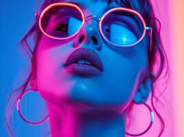 AI generated a young woman in sunglasses and neon light sunglasses photo