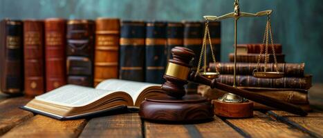 AI generated a wooden gavel and scales with books behind it photo