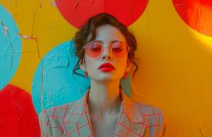 AI generated a young woman in suit with a red ring in front photo