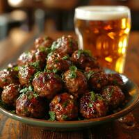 AI generated an atractive and tastefull image of meatballs portion and pint of beer together photo