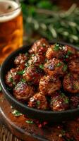 AI generated an atractive and tastefull image of meatballs portion and pint of beer together photo