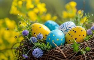 ai generado un Pascua de Resurrección huevo nido con decorado huevos y hierbas en un de madera nido foto