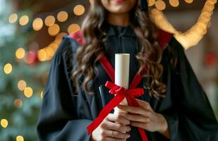 AI generated a girl in graduation gown is holding a diploma photo