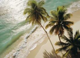 AI generated an aerial view of a white sandy beach and palm trees photo