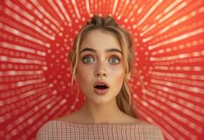 AI generated a young woman is surprised by her long hair behind a red background photo