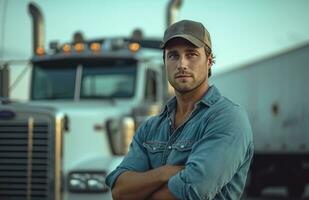 ai generado un empleado de un tractor remolque en frente de un camión con su brazos cruzado foto