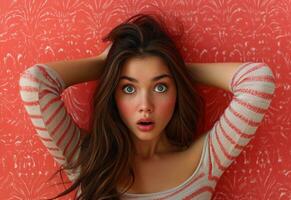 AI generated a young woman is surprised by her long hair behind a red background photo