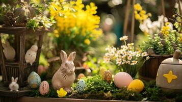 ai generado un encantador jardín escena con Pascua de Resurrección decoraciones, creando un alegre atmósfera para anuncios foto