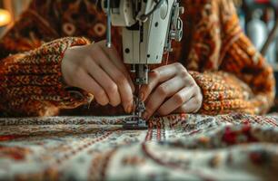 AI generated a hands on in a fabric stitching a skirt on a sewing machine photo