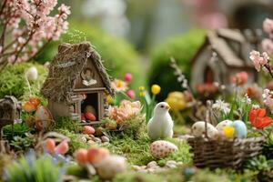 AI generated A charming garden scene with Easter decorations, creating a joyful atmosphere for advertisements photo