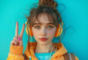 AI generated a girl with headphones makes a peace sign in front of a blue background photo