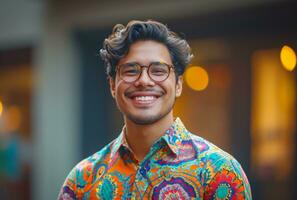 AI generated a happy man with glasses in a colorful shirt standing outside photo