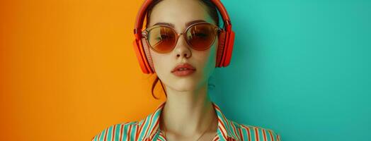 AI generated a woman in striped shirt and sunglasses with headphones on has a phone on her head woman photo