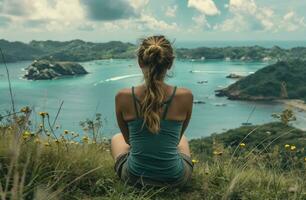 AI generated a woman looking out from sea side to sit photo