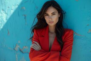 ai generado hermosa mujer en un rojo chaqueta de sport posando con su brazos doblada foto