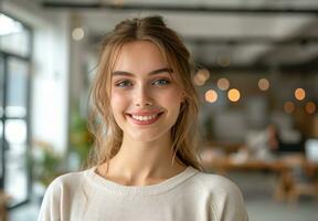 ai generado un sonriente joven mujer en un oficina mirando adelante foto