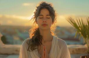 ai generado un mujer meditando en el abierto aire foto