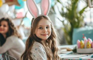 ai generado niño fiesta ideas con Pascua de Resurrección conejito orejas para cada años foto