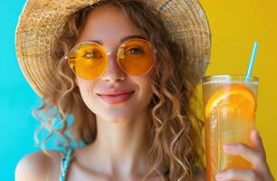 AI generated a woman in hat and sunglasses with drink photo