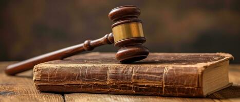 AI generated an old wooden judge's gavel on top of a wooden legal book, graceful balance photo