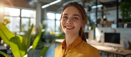 AI generated businesswoman smiling in the office photo