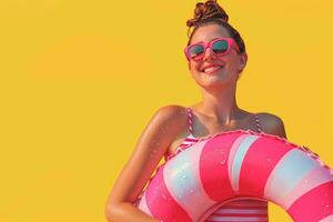 AI generated a woman in pink is holding a swimming ring photo