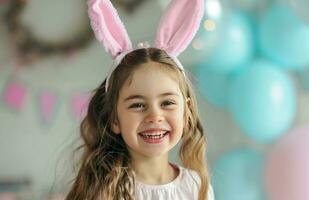 ai generado niño fiesta ideas con Pascua de Resurrección conejito orejas para cada años foto