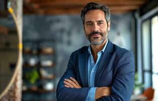 AI generated businessman with arms crossed in an office photo