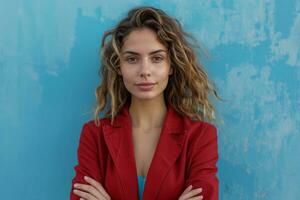 AI generated business woman with arms crossed against blue background photo