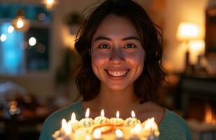 ai generado un mujer sonriente en frente de un cumpleaños pastel y un ocho ligero vela foto