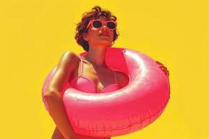 AI generated a woman in pink is holding a swimming ring photo