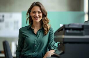 AI generated businesswoman smiling next to a copy machine in office photo