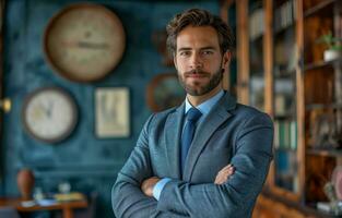 AI generated businessman with arms crossed in an office photo