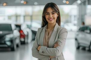 ai generado negocio mujer en pie en el coche sala de exposición foto