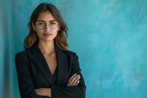 AI generated business woman with arms crossed against blue background photo