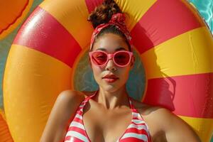 AI generated a woman in a holding a floating pool float photo