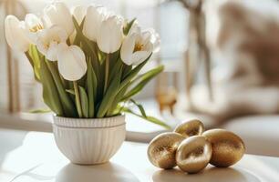 AI generated a white table with tulips and gold eggs next to it photo