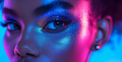 AI generated a woman with eyes and ear lobes in neon colors photo