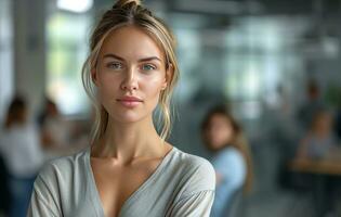 AI generated businesswoman standing by window in office photo