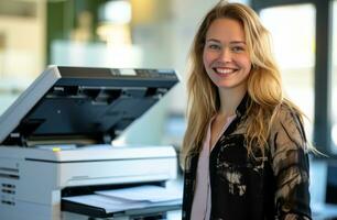 AI generated businesswoman smiling next to a copy machine in office photo