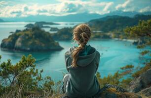 AI generated a woman looking out from sea side to sit photo