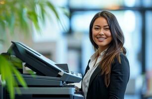 AI generated businesswoman smiling next to a copy machine in office photo