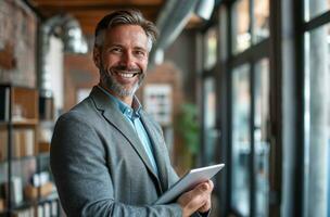 AI generated businessman smiling with a tablet in office photo