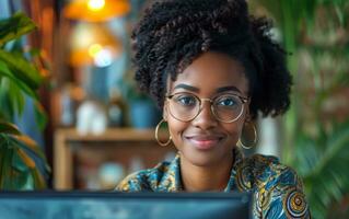 AI generated a young black woman using the pc in front of a glass table, smiling photo